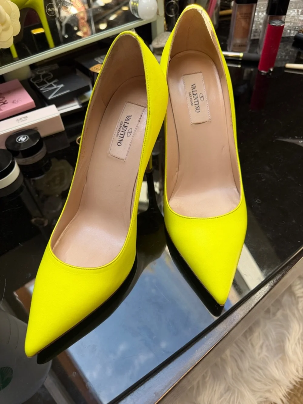 Valentino Neon Yellow Pointed Leather Pumps
